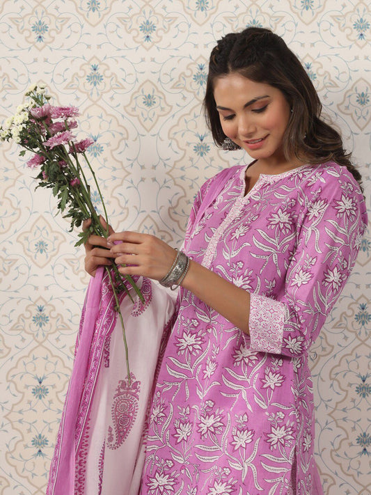 Dhiyona OD  Printed Notched Neck Pure Cotton Kurta With Trousers & Dupatta