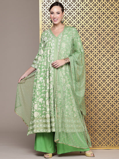 Dhiyona PD Women Jashn Ethnic Floral Foil Printed A-Line Kurta With Palazzos & Dupatta