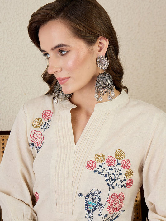 Dhiyona IE Embroidered Cotton Mandarin Collar Neck Top With Palazzos Co-Ords