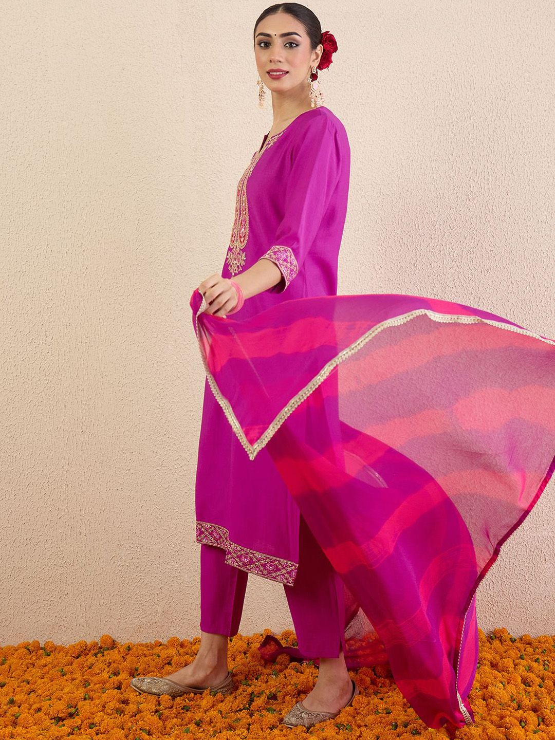 Women Solid Embroidered Kurta with Pyjama & Dupatta