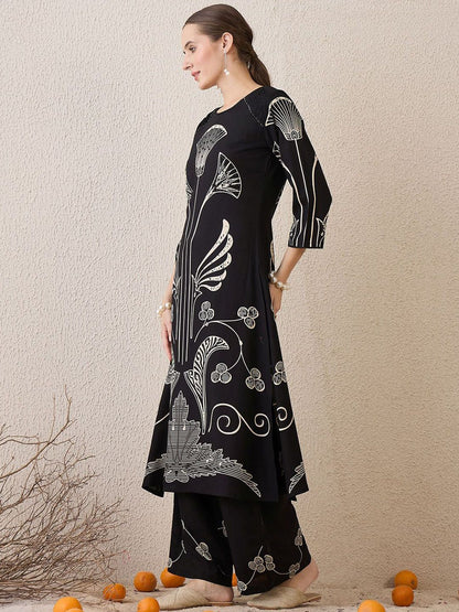 Dhiyona IE Ethnic Motifs Printed Round Neck Sequinned Straight Kurta With Palazzos