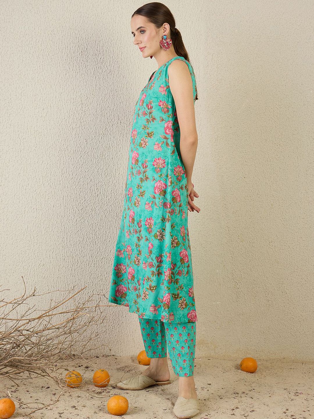 Floral Printed V-Neck Pure Cotton A-Line Kurta With Trouser