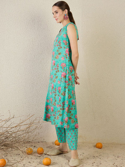 Floral Printed V-Neck Pure Cotton A-Line Kurta With Trouser