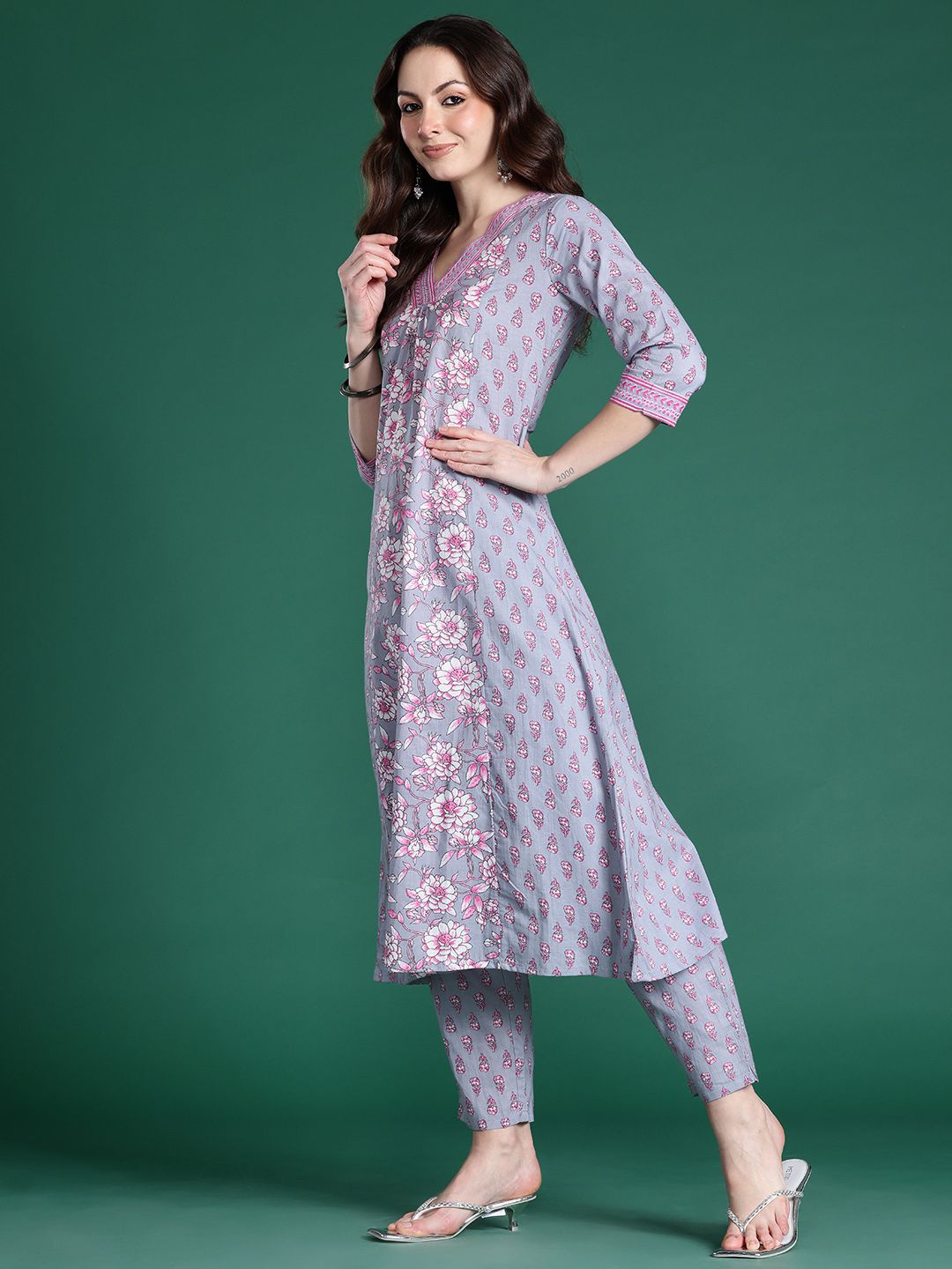 Dhiyona IE Floral Printed Pure Cotton Kurta with Trousers & Dupatta