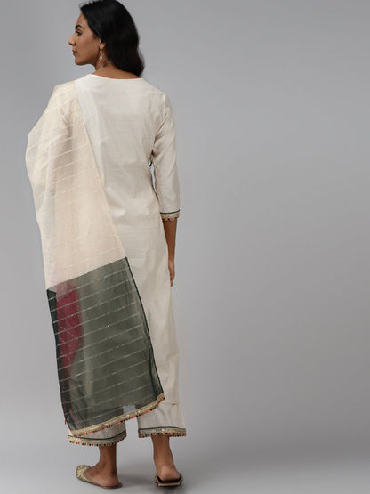 Women Off White Ethnic Motifs Yoke Design Regular Liva Kurta with Palazzos & With Dupatta