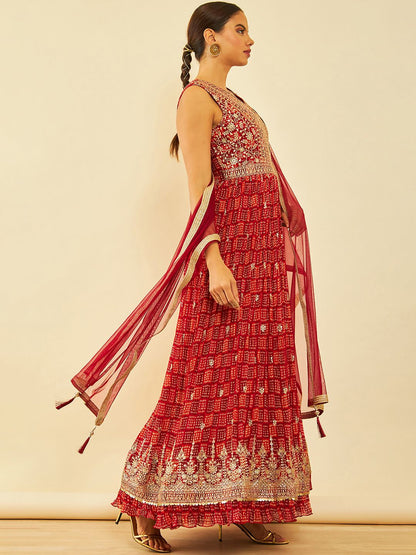Dhiyona SO Women's Maroon Bandhani Printed Thread Work Georgette Anarkali Kurta & Churidar With dupatta