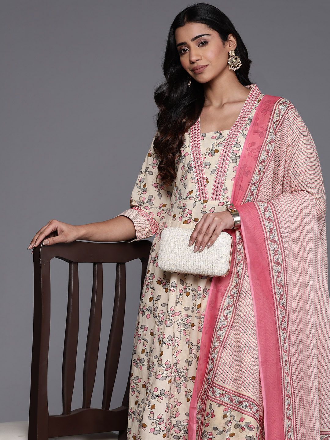 Dhiyona VA Women'sFloral Printed Mirror Work Pure Cotton Kurta with Trousers & Dupatta