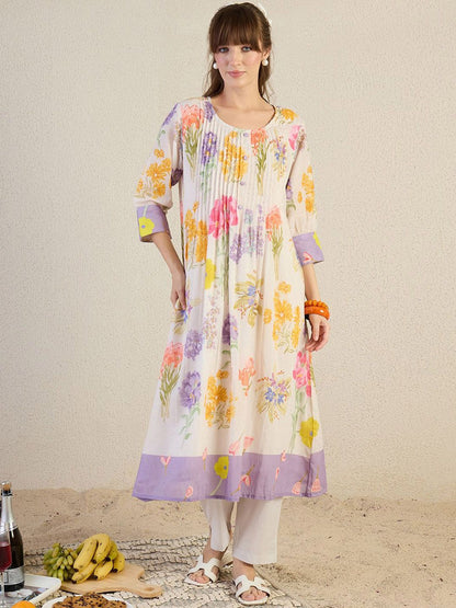 Dhiyona IE Printed Pure Cotton Round Neck Top With Trousers Co-Ords