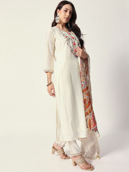 Dhiyona IS Women's Floral Yoke Design Thread Work Straight Kurta With Trousers And Dupatta