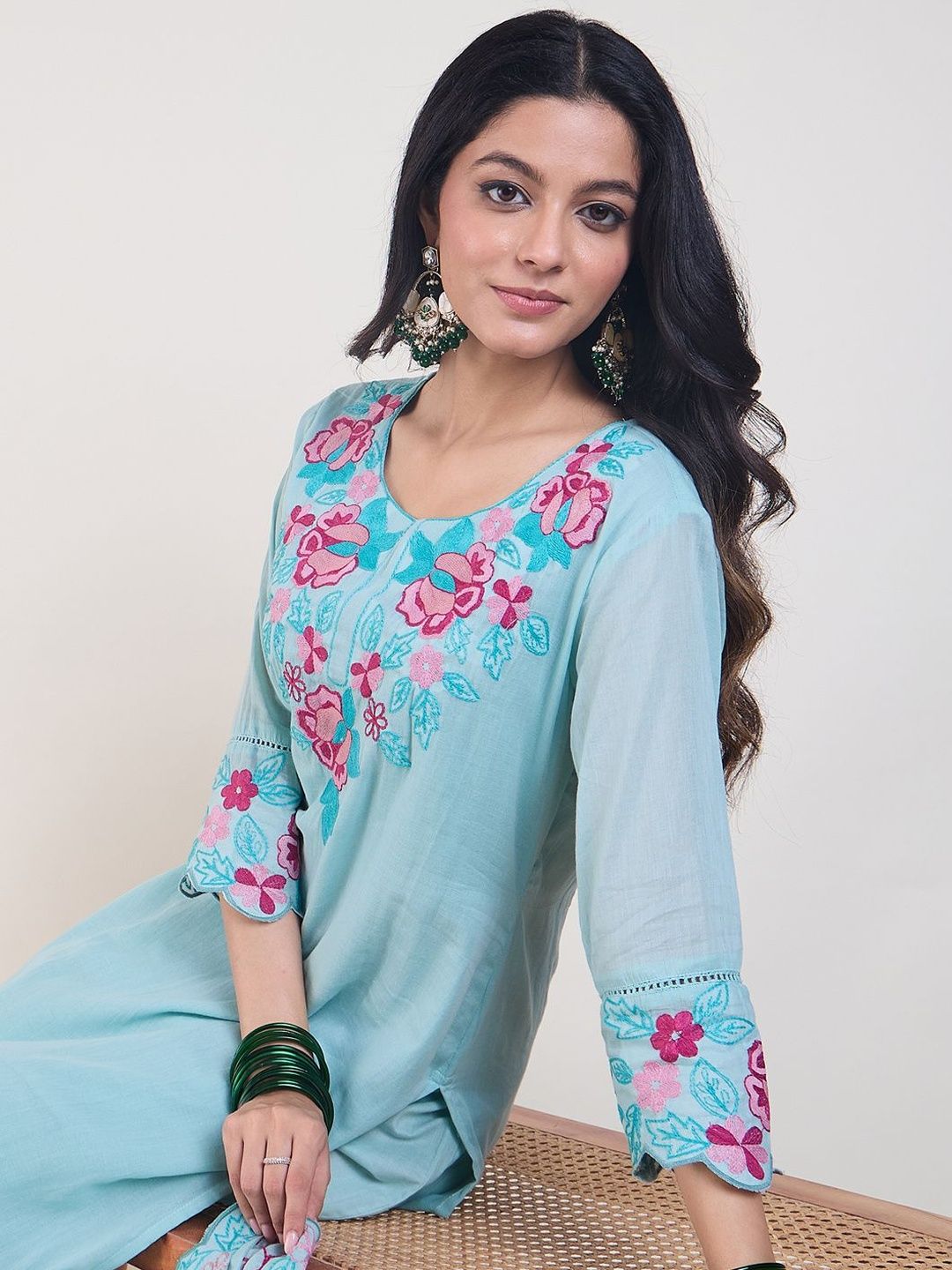 Floral Embroidered Thread Work Pure Cotton Straight Kurta & Trousers With Dupatta