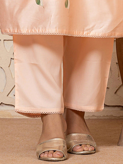 Floral Printed V-Neck Thread Work Straight Kurta with Trousers & Dupatta