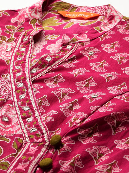 Dhiyona IE Floral Printed Angrakha Pure Cotton Kurta with Trousers & With Dupatta