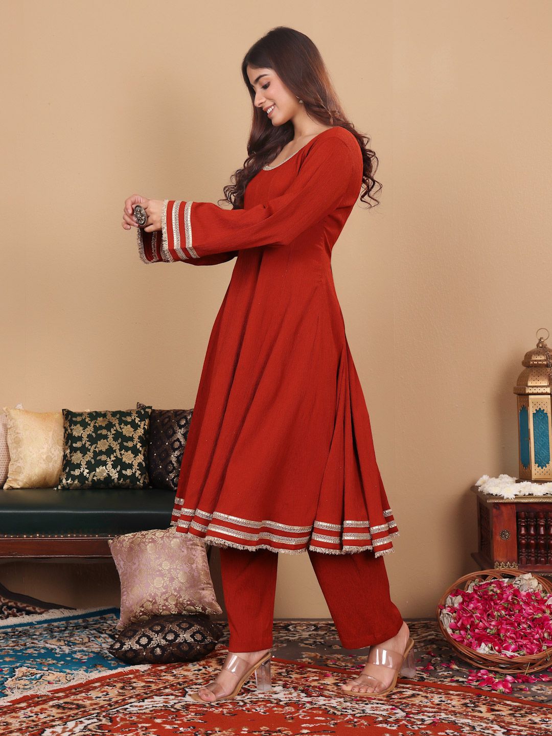 Dhiyona VA Women'sSequinned Silk Crepe Anarkali Kurta with Trousers & With Dupatta