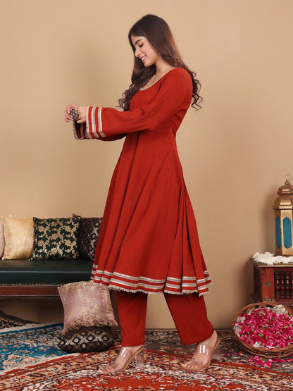 Dhiyona VA Women'sSequinned Silk Crepe Anarkali Kurta with Trousers & With Dupatta
