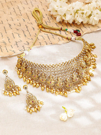 Dhiyona RJ Women's 22K Gold-Plated Pink Green & Cubic Zirconia Divine Lakshmi Temple Choker Set