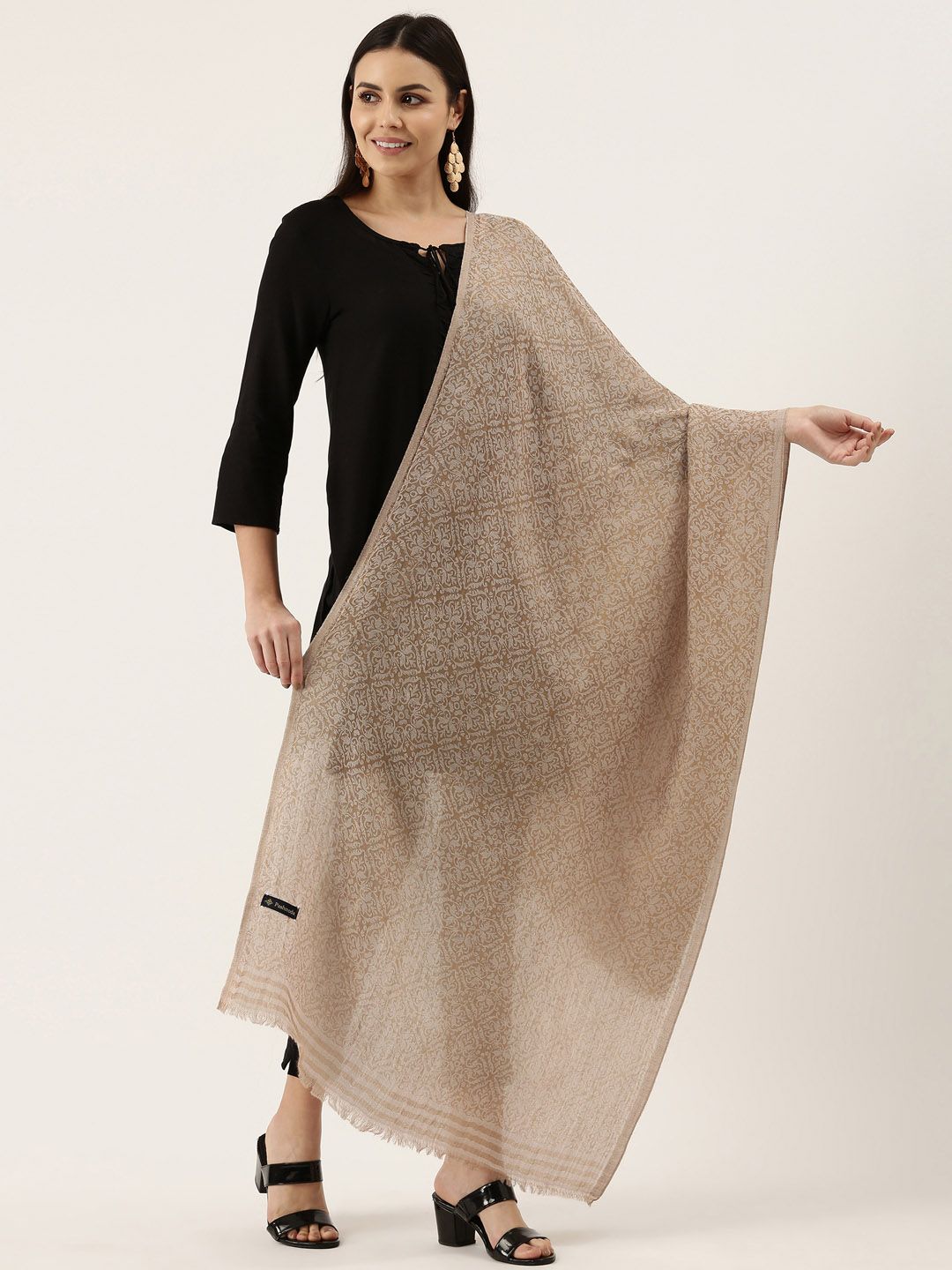Dhiyona PA Women Beige & Brown Woven-Design Shawl