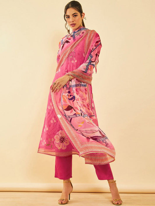 Dhiyona SO Women's Floral Printed Regular Kurta with Trousers & Dupatta