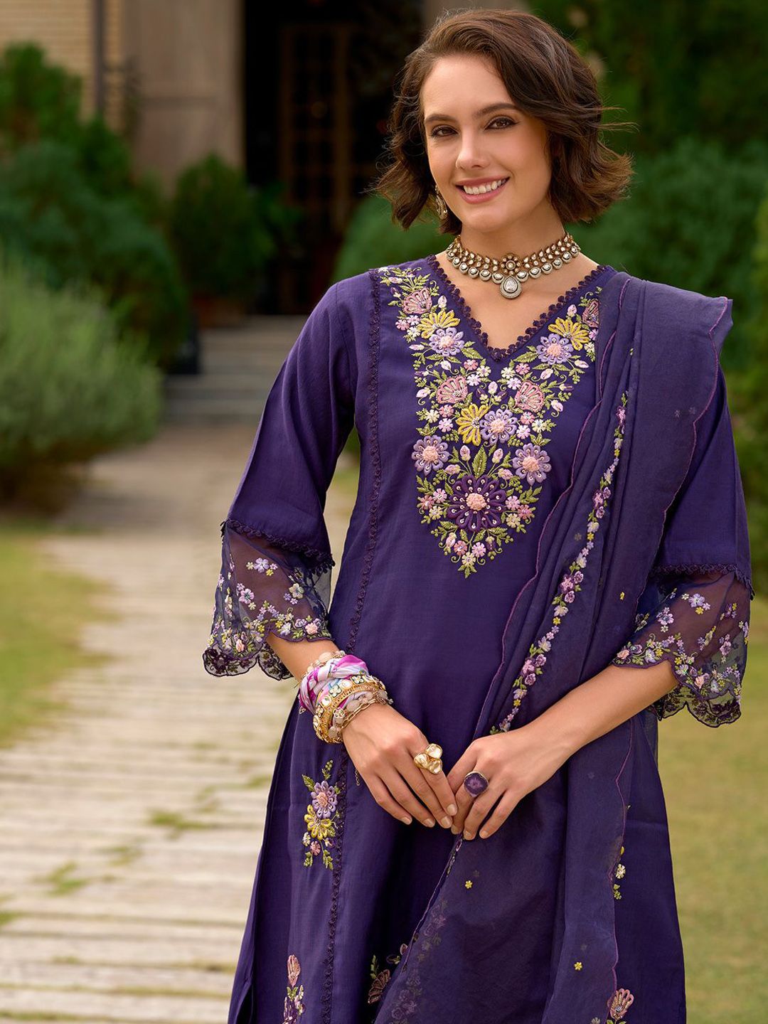 Women Floral Embroidered Panelled Sequinned Kurta with Trousers & With Dupatta
