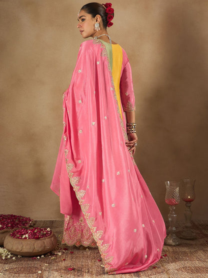 Dhiyona IE Women Ethnic Motifs Embroidered Panelled Sequinned Kurta with Palazzos & Dupatta