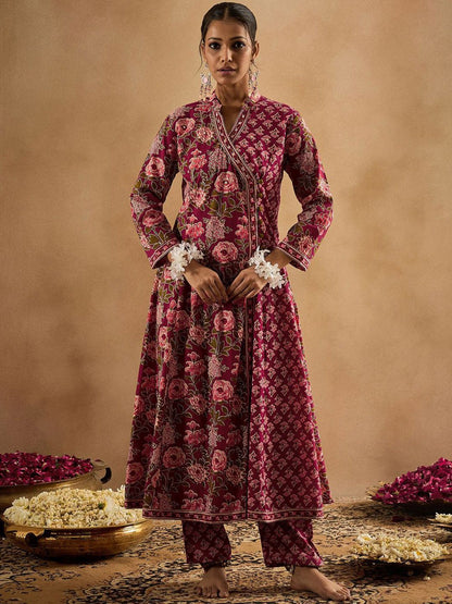 Floral Printed Angrakha Pure Cotton A-Line Kurta With Trouser & Dupatta