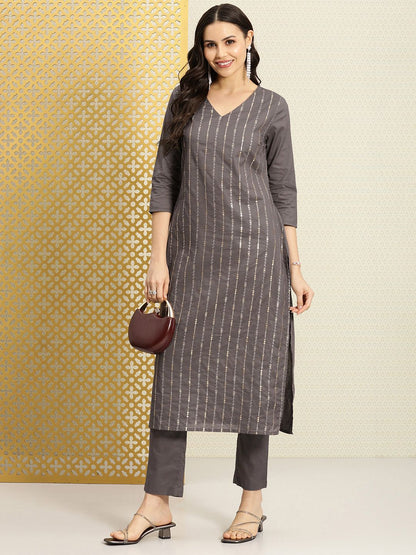 Dhiyona PD Women Women Striped Sequinned Pure Cotton Kurta with Trousers Set