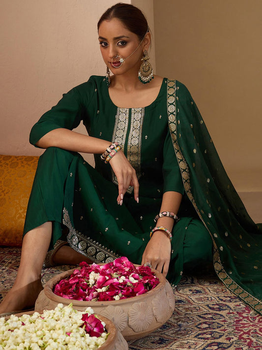 Dhiyona IE Women Ethnic Motifs Embroidered Regular Sequinned Kurta with Trousers & With Dupatta