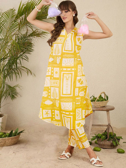 Dhiyona IE Women Ethnic Motifs Printed Pleated Pure Cotton Kurta with Trousers