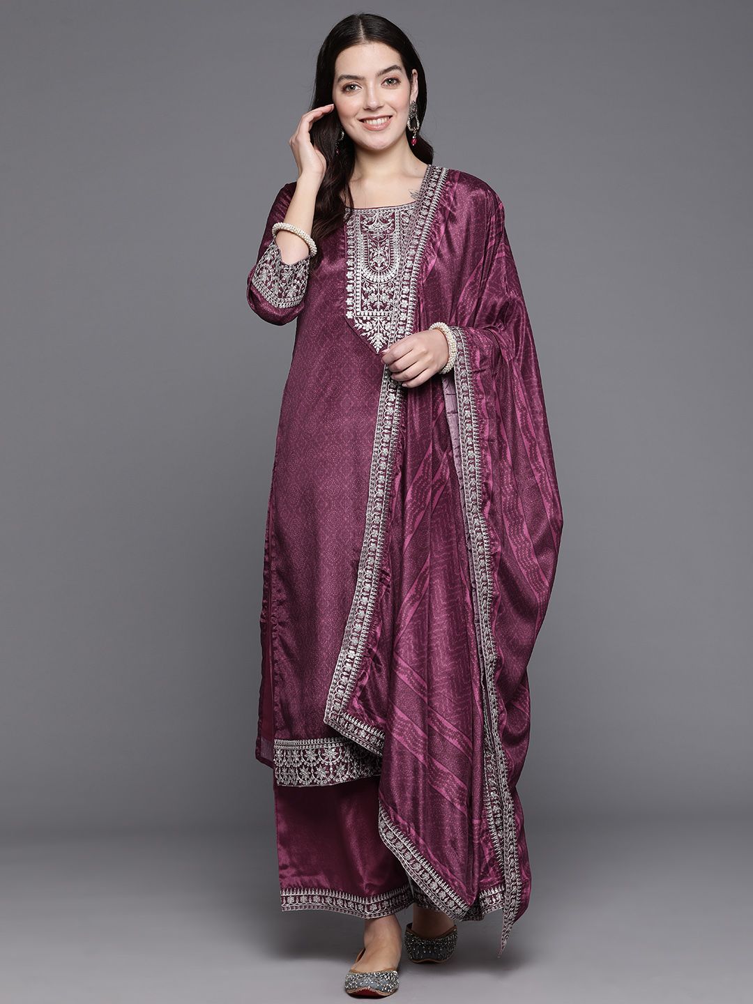 Women Ethnic Motifs Embroidered Sequinned Kurta with Palazzos & With Dupatta