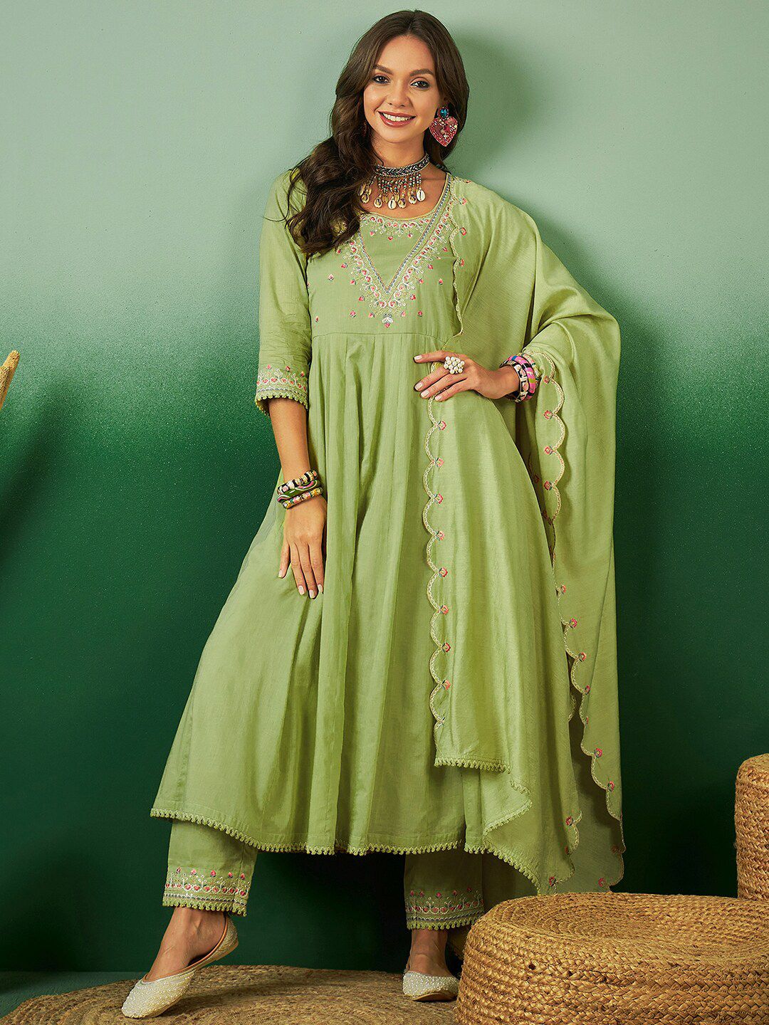 Dhiyona SN Women's Sequence Embroidered Pure Cotton Anarkali Kurta With Trousers & Dupatta