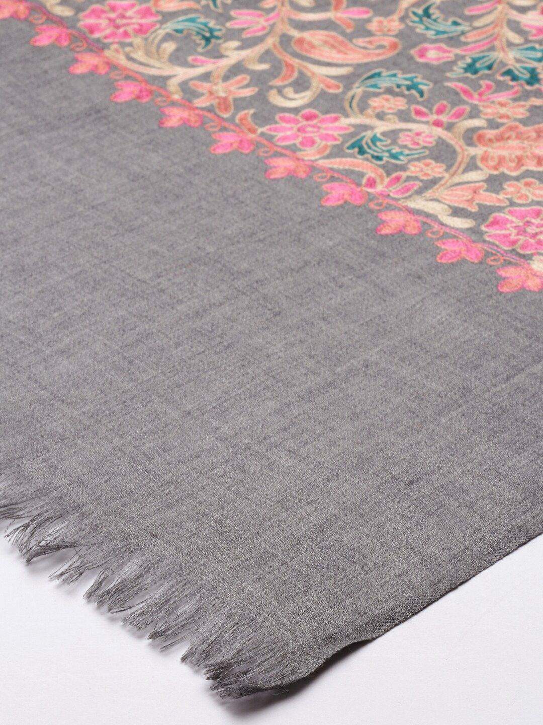 Dhiyona PA Women Grey & Green Embroidered Pure Wool Shawl