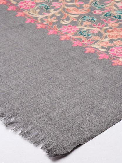 Dhiyona PA Women Grey & Green Embroidered Pure Wool Shawl