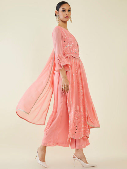 Dhiyona SO Women's Floral Embroidered Mirror Work Kurta With Palazzos & Dupatta