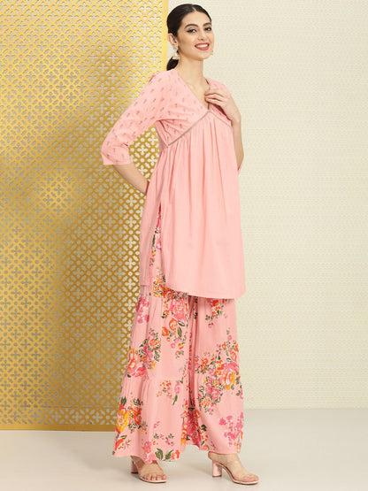 Dhiyona PD Women Women Pure Cotton Floral Empire Jashn Kurta with Sharara & Dupatta