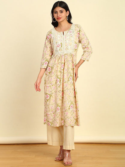 Dhiyona SO Women's Floral Printed Pleated Thread Work Kurta with Palazzo & Dupatta