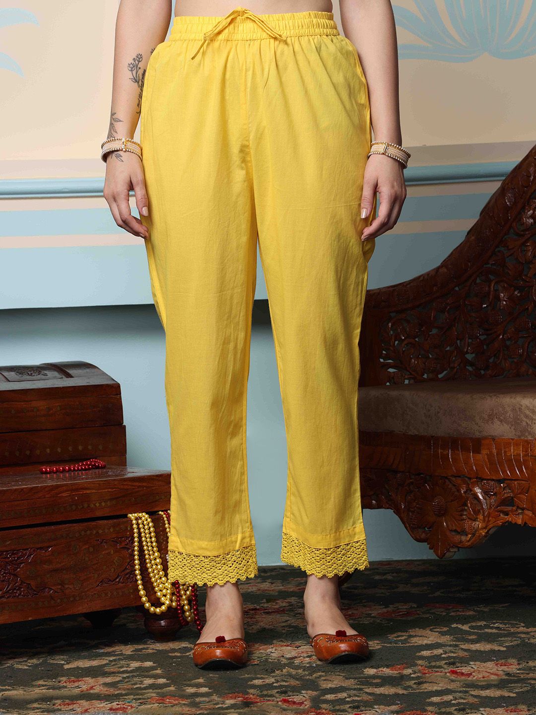 Dhiyona IS Women's Mustard Yellow Floral Printed Pure Cotton Anarkali Kurta With Trousers & Dupatta