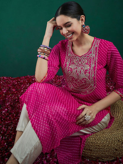 Dhiyona IE Ethnic Motifs Printed Sweetheart Neck Georgette Sequins Straight Kurtas