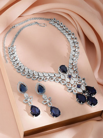 Dhiyona RJ Women's Rhodium Plated Blue Sapphire and Cubic Zirconia Studded Premium Jewellery Set
