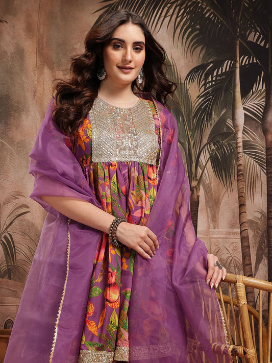 Dhiyona SN Women's Floral Print Gotta Patti Kurta with Sharara & Dupatta