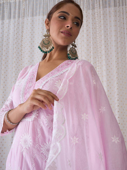 V Neck Floral Embroidered Pure Cotton Kurta with Trouser & Dupatta