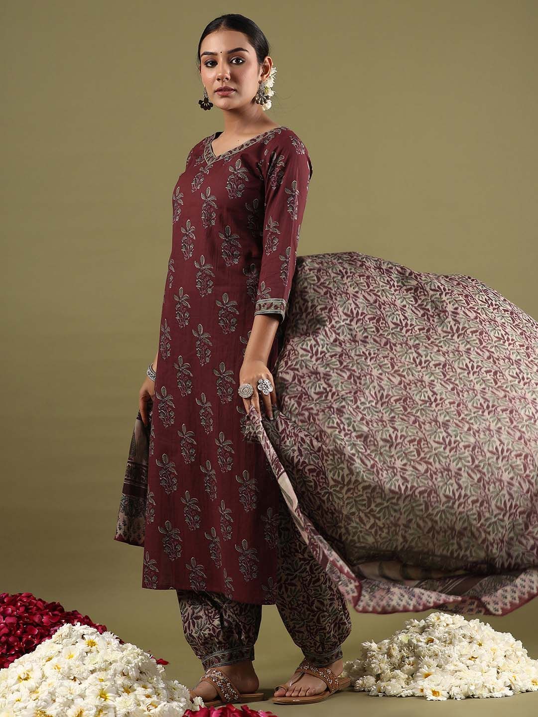 Dhiyona IE Ethnic Motifs Printed Pure Cotton Straight Kurta With Salwar & Dupatta
