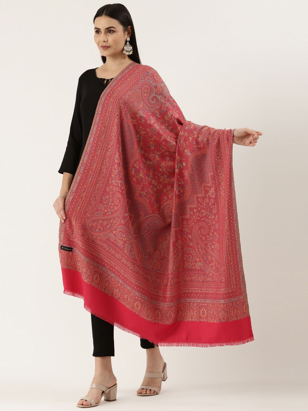 Dhiyona PA Women Pink Woven Design Wool Jamawar Shawl