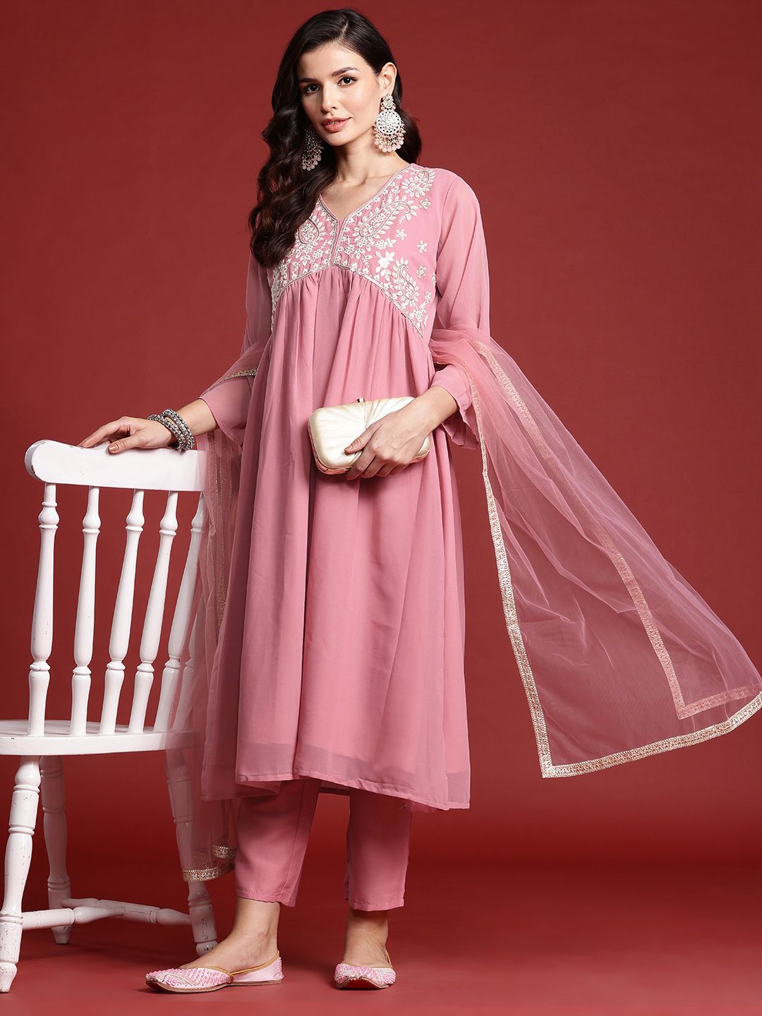 Floral Sequin Embroidered Empire Kurta with Trousers & Dupatta