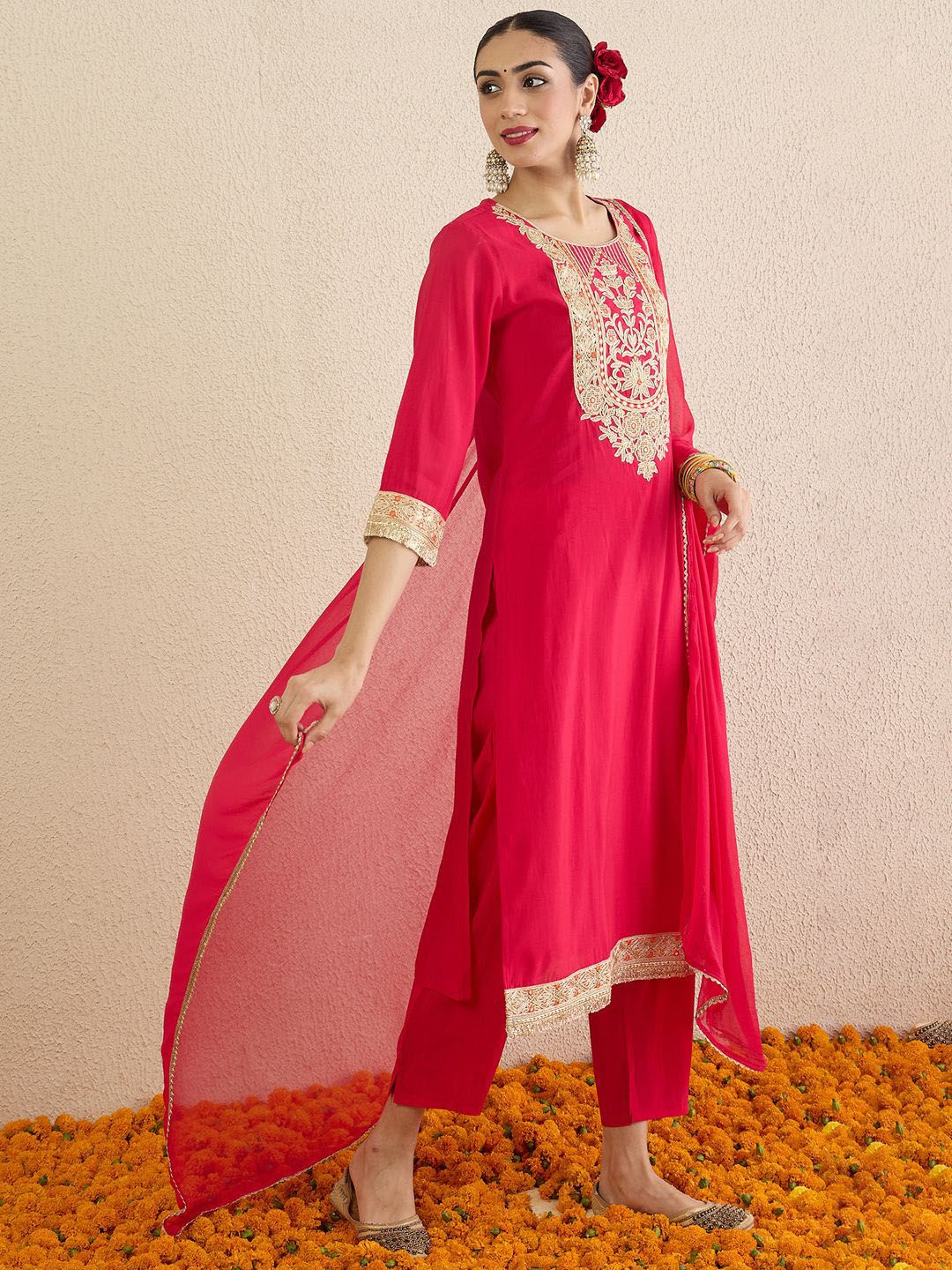 Women Ethnic Motifs Embroidered Regular Kurta with Trousers & Dupatta