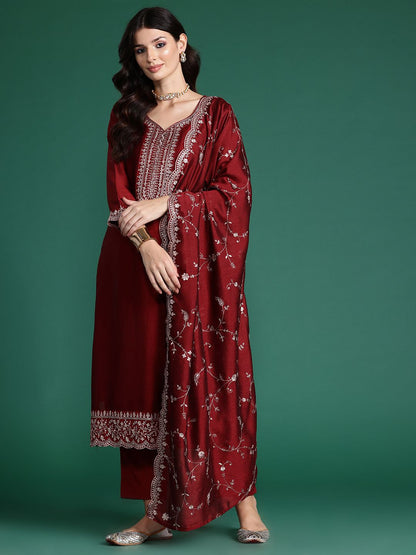 Ethnic Motifs Embroidered Sequinned Kurta with Trousers & Dupatta
