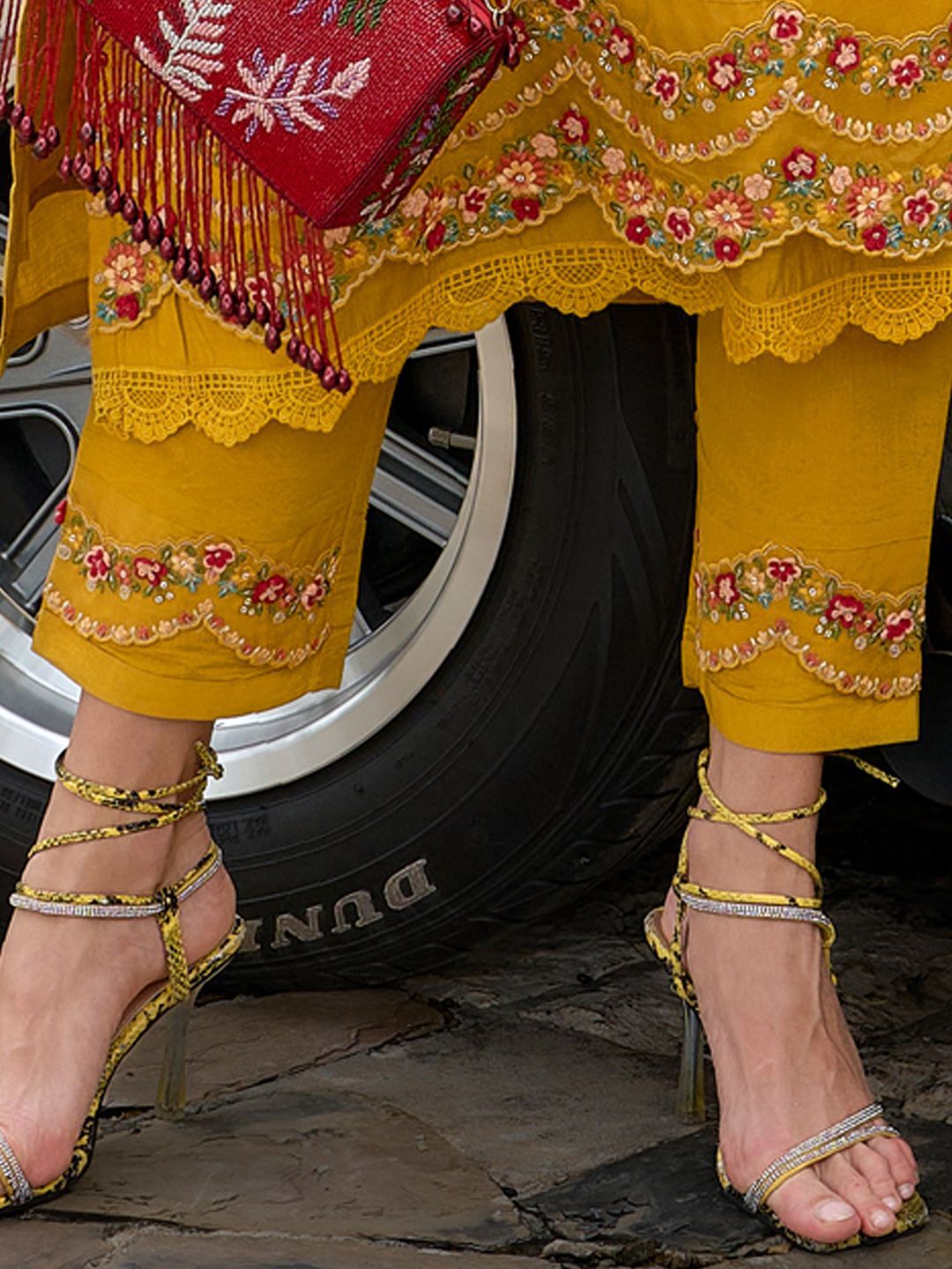 Floral Embroidered Thread Work Kurta With Trousers & Dupatta