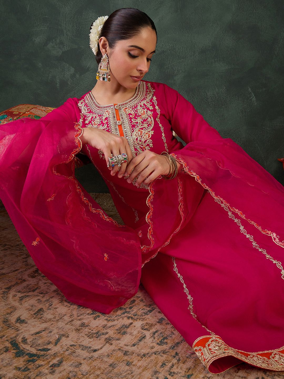 Women Ethnic Motifs Embroidered Regular Kurta with Trousers & With Dupatta