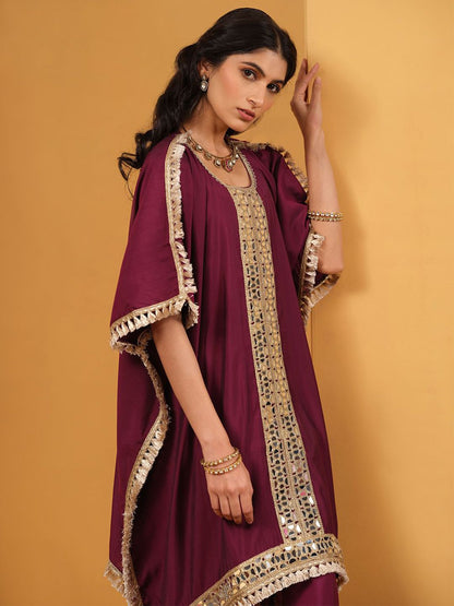 Dhiyona IS Women's Women Woven Design Embroidered Kaftan Kurta with Trousers