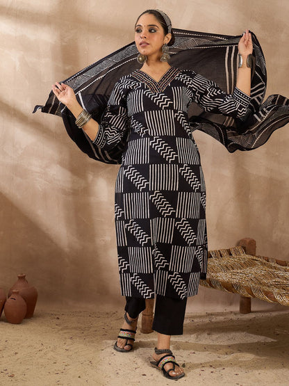 Dhiyona IE Geometric Printed V Neck Pure Cotton Kurta With Trousers & Dupatta