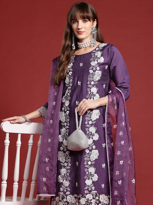 Dhiyona IE Floral Embroidered Thread Work Kurta With Trousers & Dupatta
