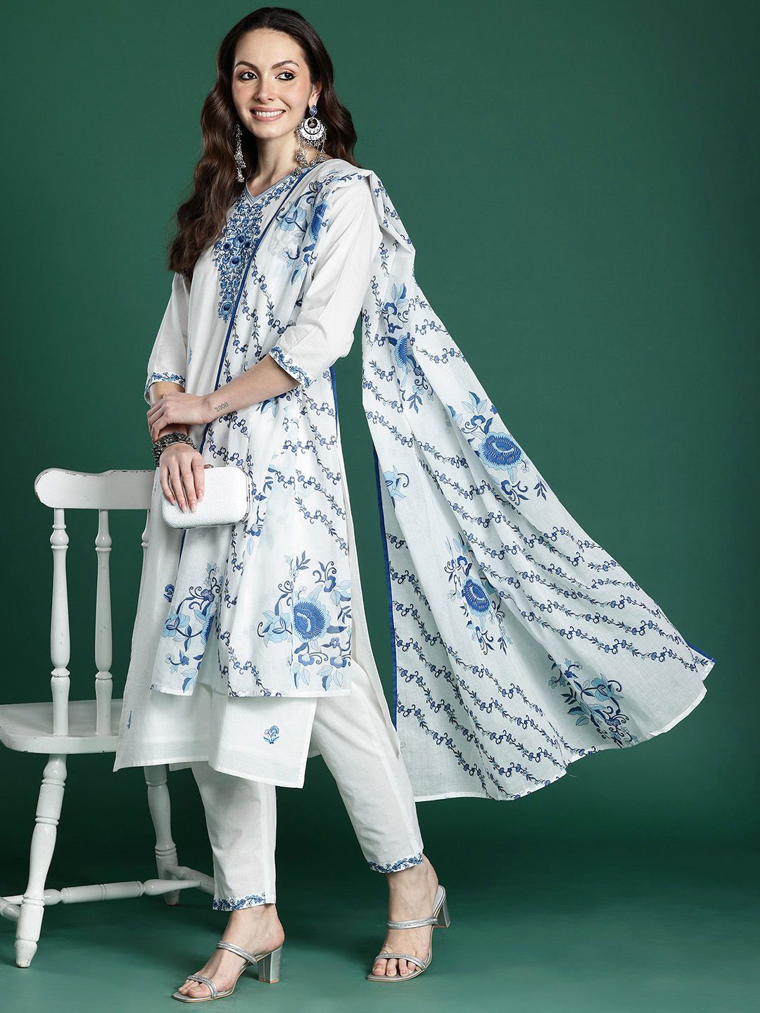Dhiyona IE Floral Embroidered Pure Cotton Kurta with Trousers & Dupatta